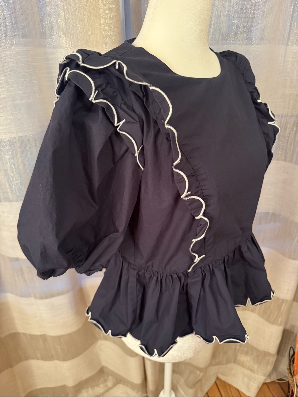 English Factory Navy Peplum Top with White Trim Ruffles - Picture 2 of 7